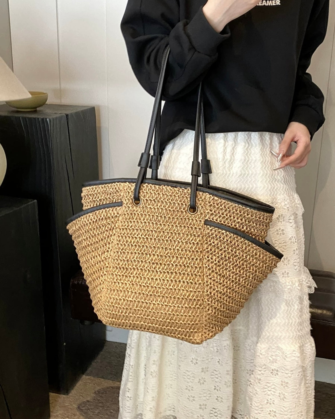 パイピングワイドバスケットバッグ