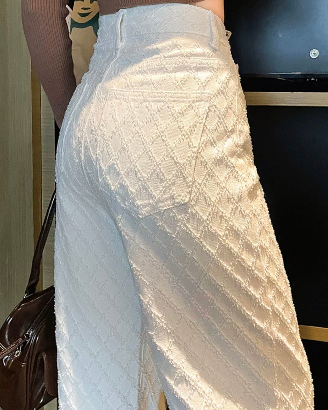 ジャガードチェックホワイトデニムパンツ