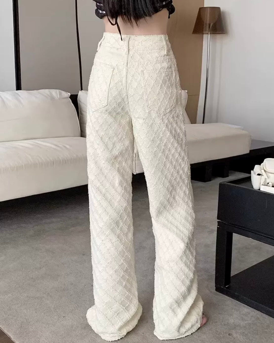 ジャガードチェックホワイトデニムパンツ