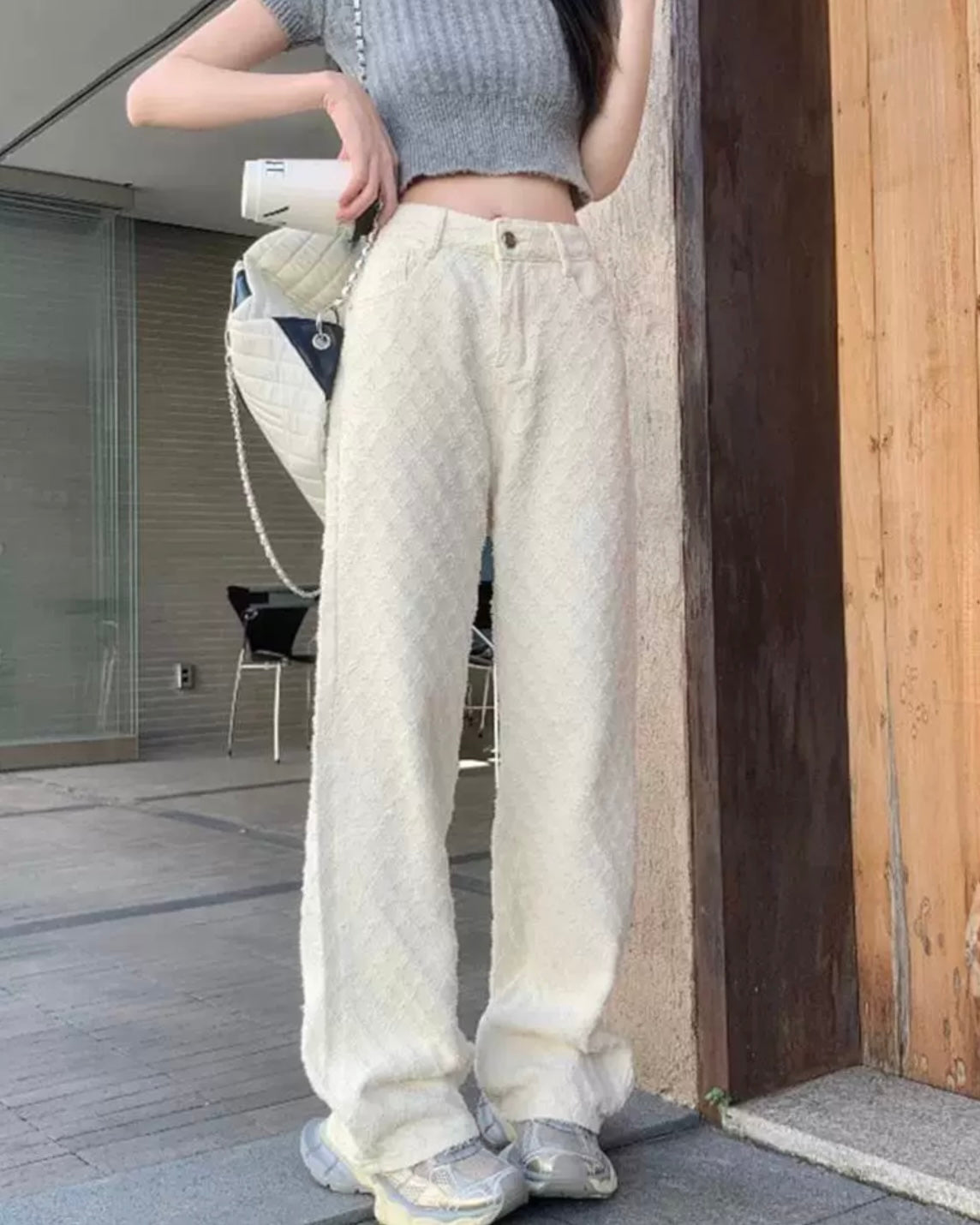 ジャガードチェックホワイトデニムパンツ