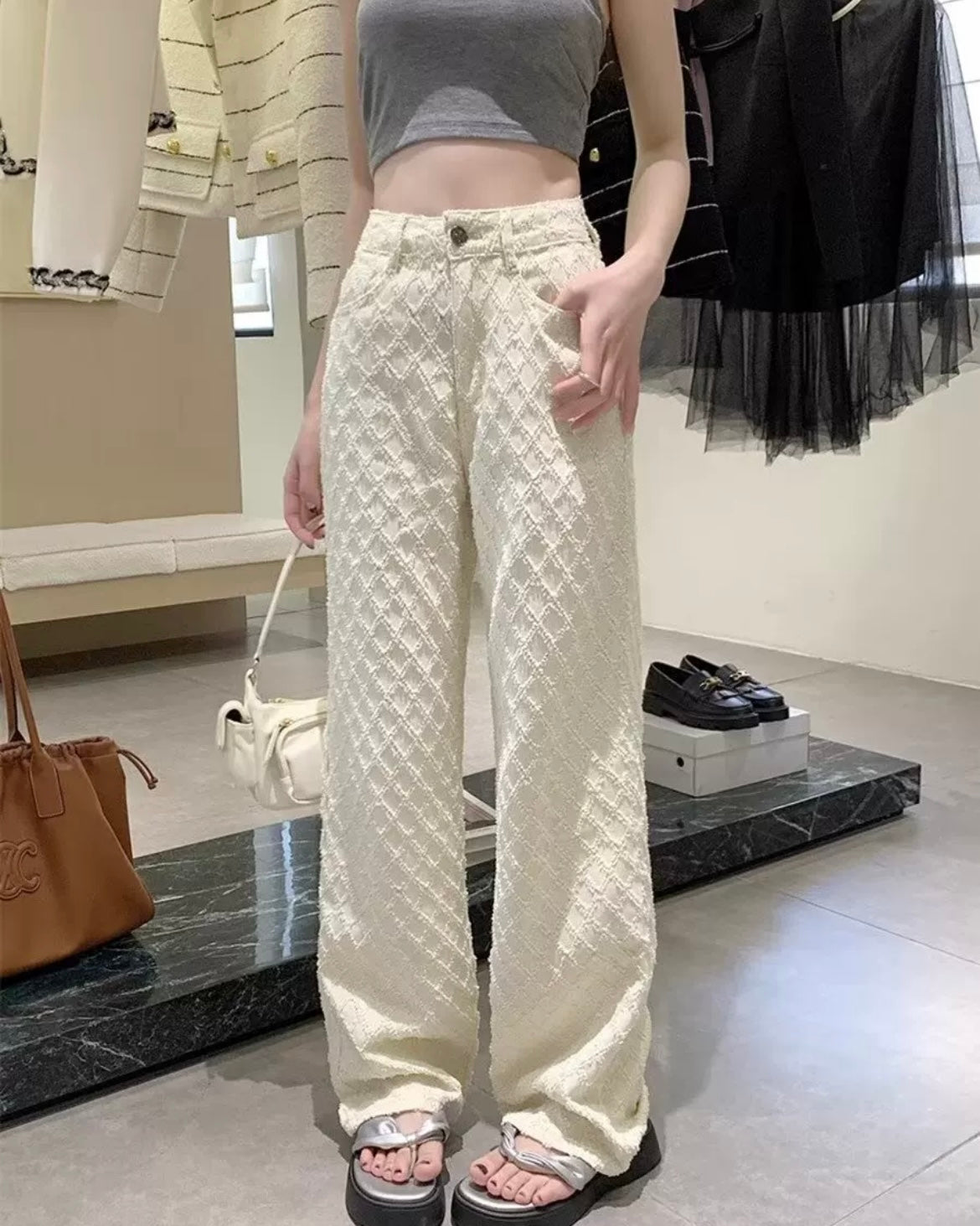 ジャガードチェックホワイトデニムパンツ