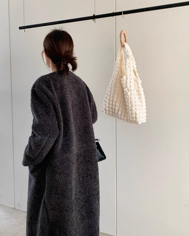 《11/17新作》ノーカラーボアロングコート