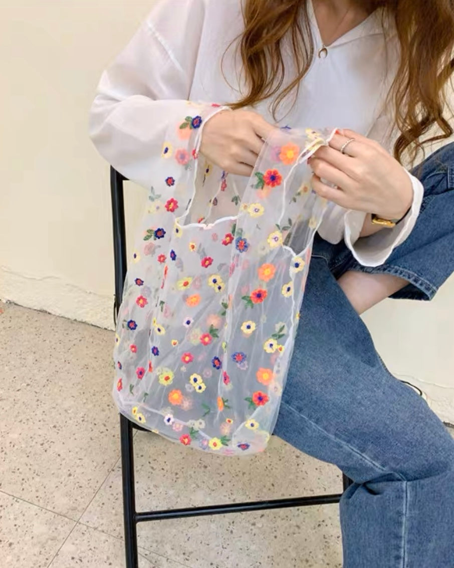 カラフルフラワー刺繍チュールバッグ