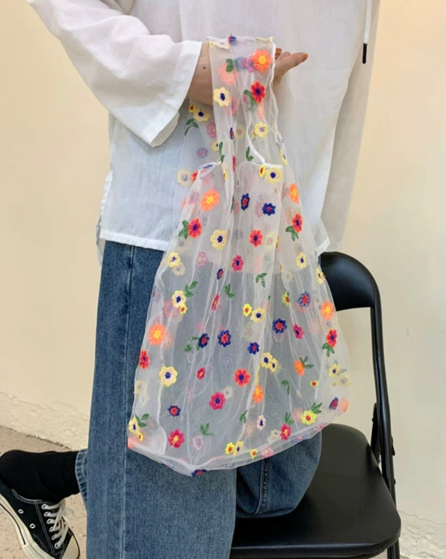 カラフルフラワー刺繍チュールバッグ