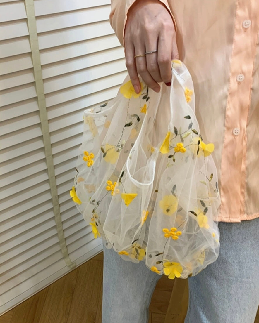 立体フラワー刺繍チュールバッグ