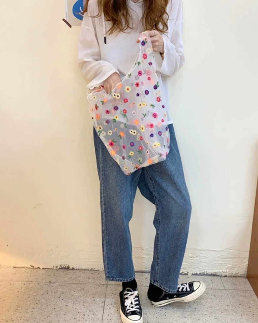 カラフルフラワー刺繍チュールバッグ